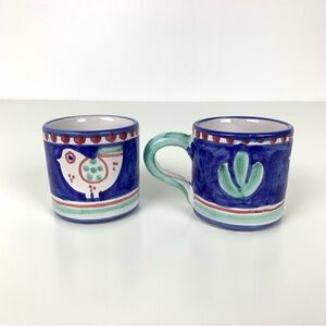 Solimene Vietri Italy Cups Pair Chicken Bird Demitasse Vtg Handpainted Blue